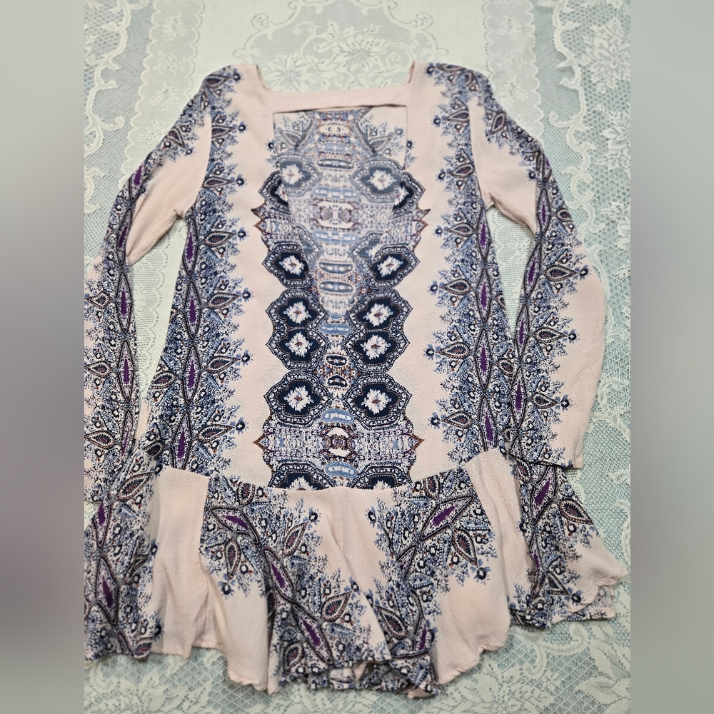 Free People Smooth Talker Tunic Dress Cream/Blue Sz S - Picture 12 of 14
